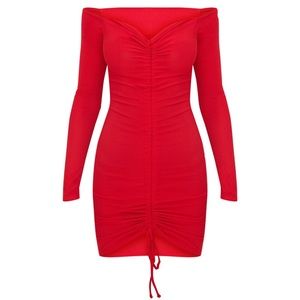 Pretty Little Thing Red Ribbed Long Sleeve Bardot Ruched Bodycon Dress